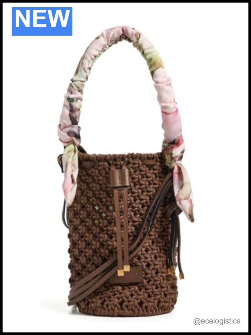 Macrame Shoulder Bag with Floral Top Handle, Adjustable Strap